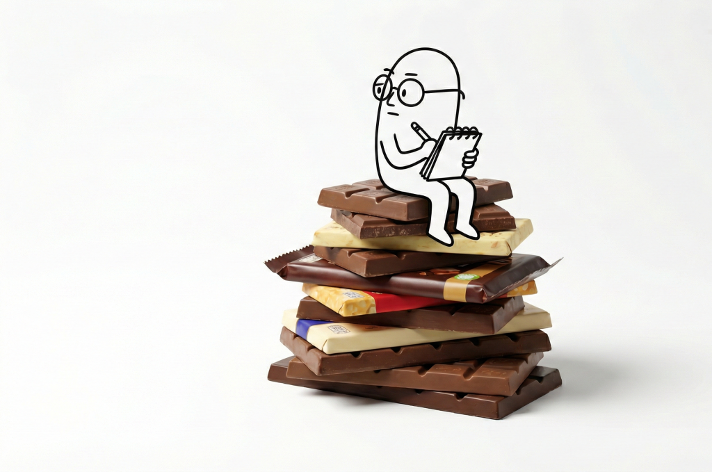 doodle tomando nota sobre torre de chocolate
