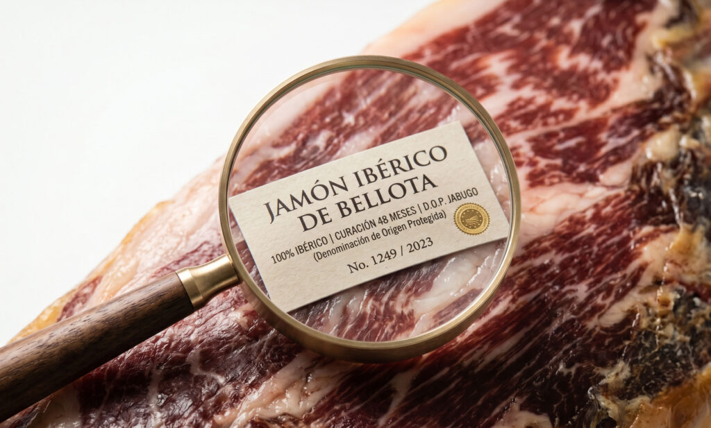 Bodegón cenital de productos alimentarios artesanos españoles con muestras de packaging y notas de diagnóstico de marca