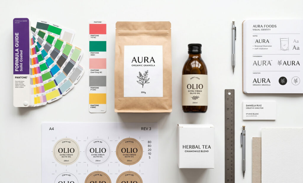 Composición editorial de muestras de packaging alimentario, swatches de color, prueba de etiqueta y materiales de identidad de marca