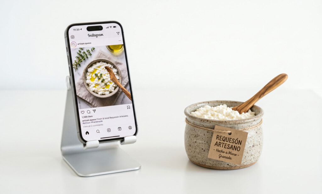 Mesa de trabajo creativo con producto alimentario artesano, moodboard y pantalla mostrando contenido de redes sociales