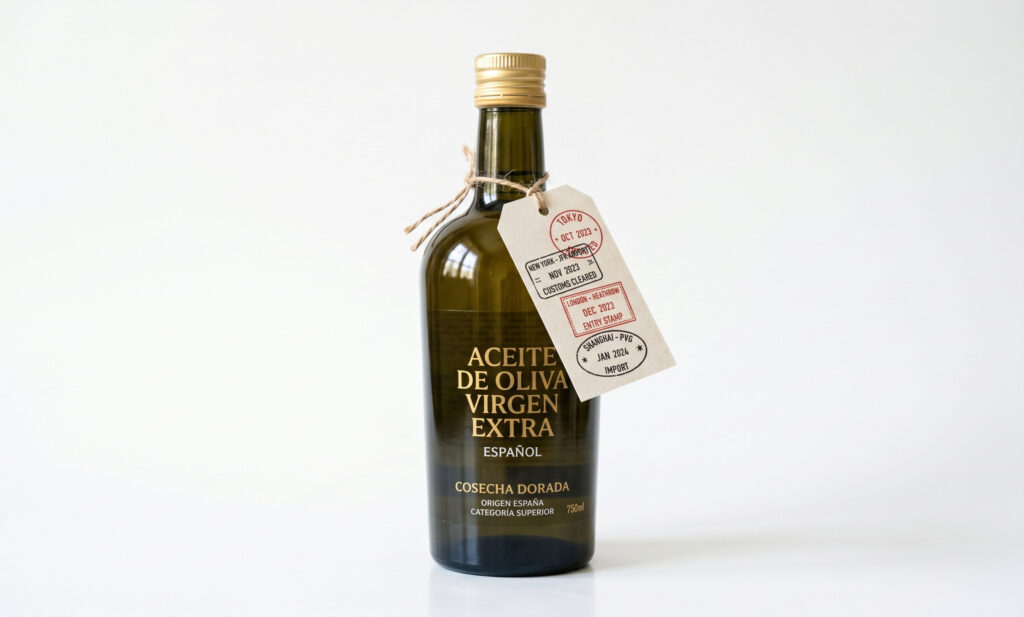 Composición editorial de productos alimentarios españoles con etiquetas multilingües y elementos de exportación internacional