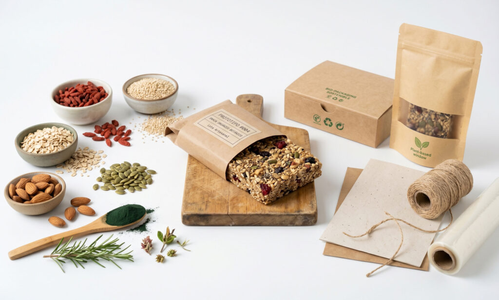 Prototipo de producto alimentario en desarrollo junto a materiales sostenibles e ingredientes crudos en un laboratorio creativo contemporáneo