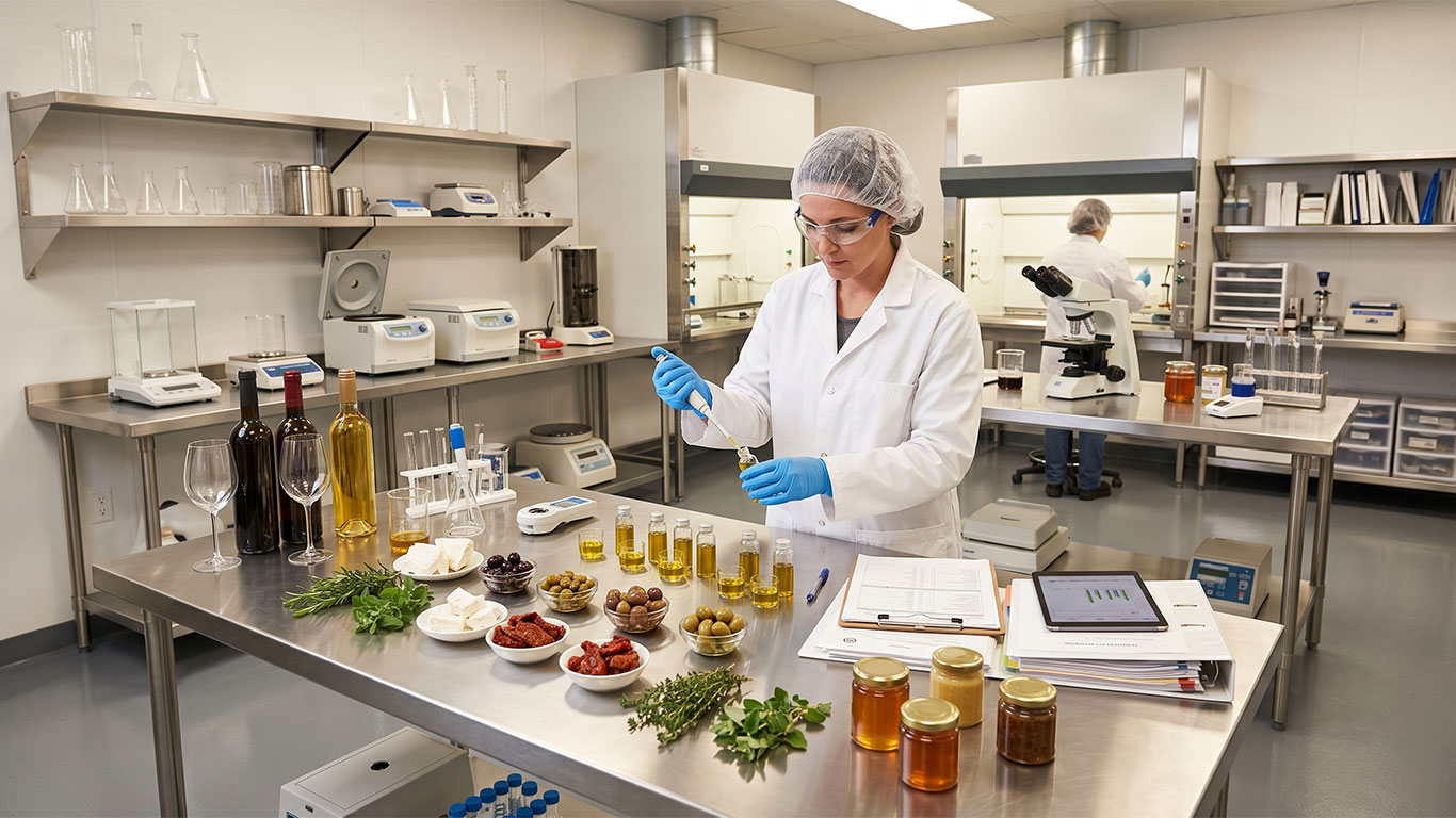 Laboratorio de calidad alimentaria con productos mediterráneos y documentación de certificación