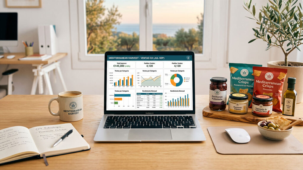 Pantalla con gráficos de análisis de datos de ventas de empresa alimentaria