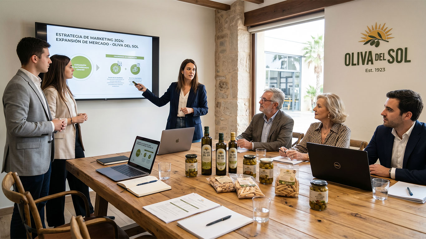 Reunión de equipo de marketing externo con empresa alimentaria en oficina profesional
