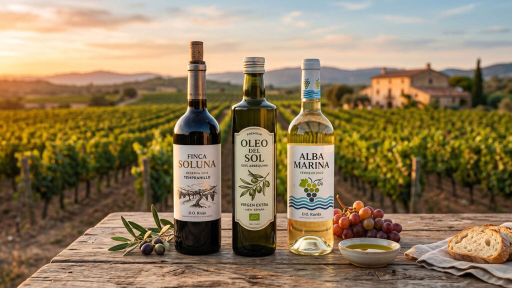 Botellas de vino y aceite de oliva con etiquetas de diseño profesional sobre fondo de viñedo