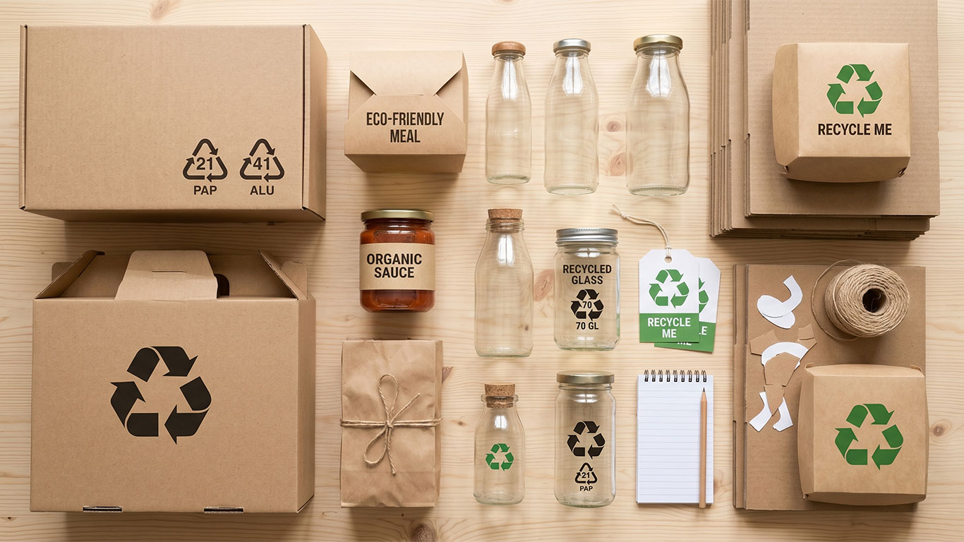 Envases alimentarios con iconos de reciclabilidad y normativa europea PPWR sobre mesa de trabajo