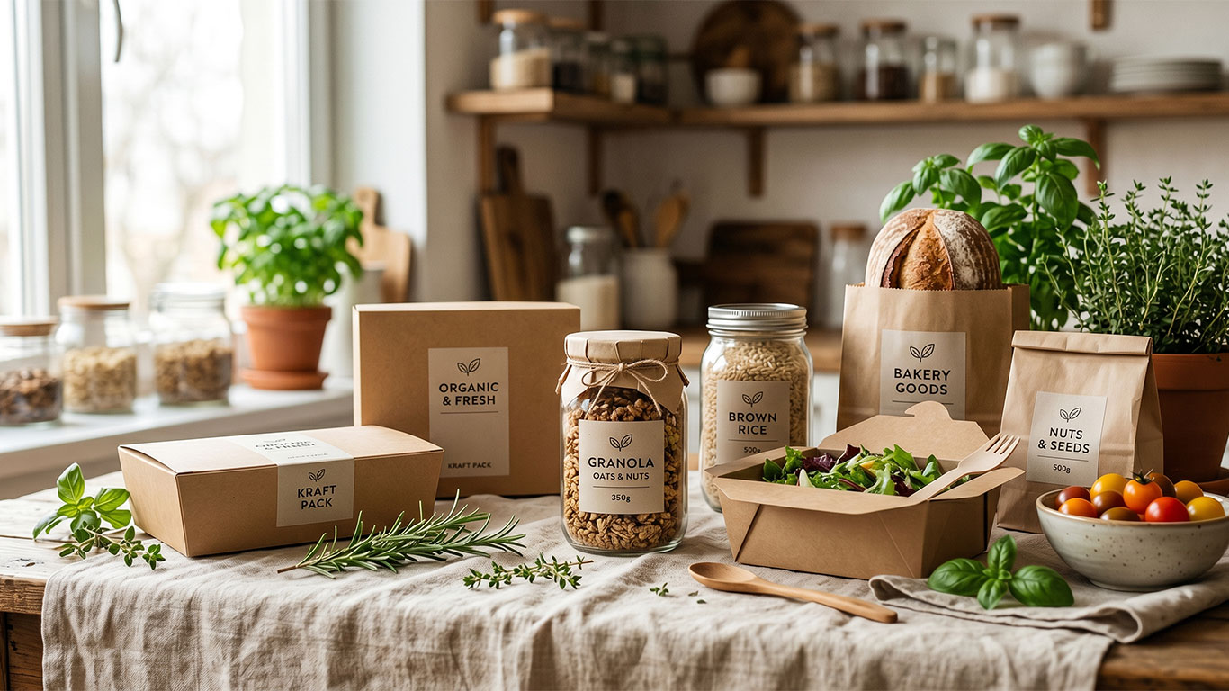 Envases alimentarios sostenibles de cartón kraft y vidrio con diseño profesional sobre fondo natural