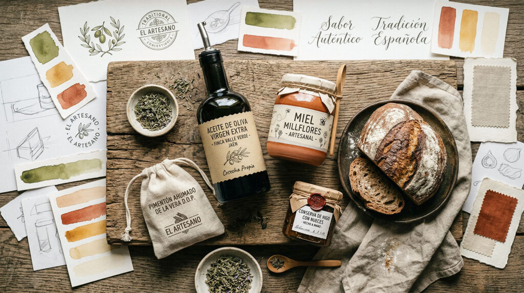 Bodegón cenital de productos alimentarios artesanos españoles con muestras de packaging y notas de diagnóstico de marca