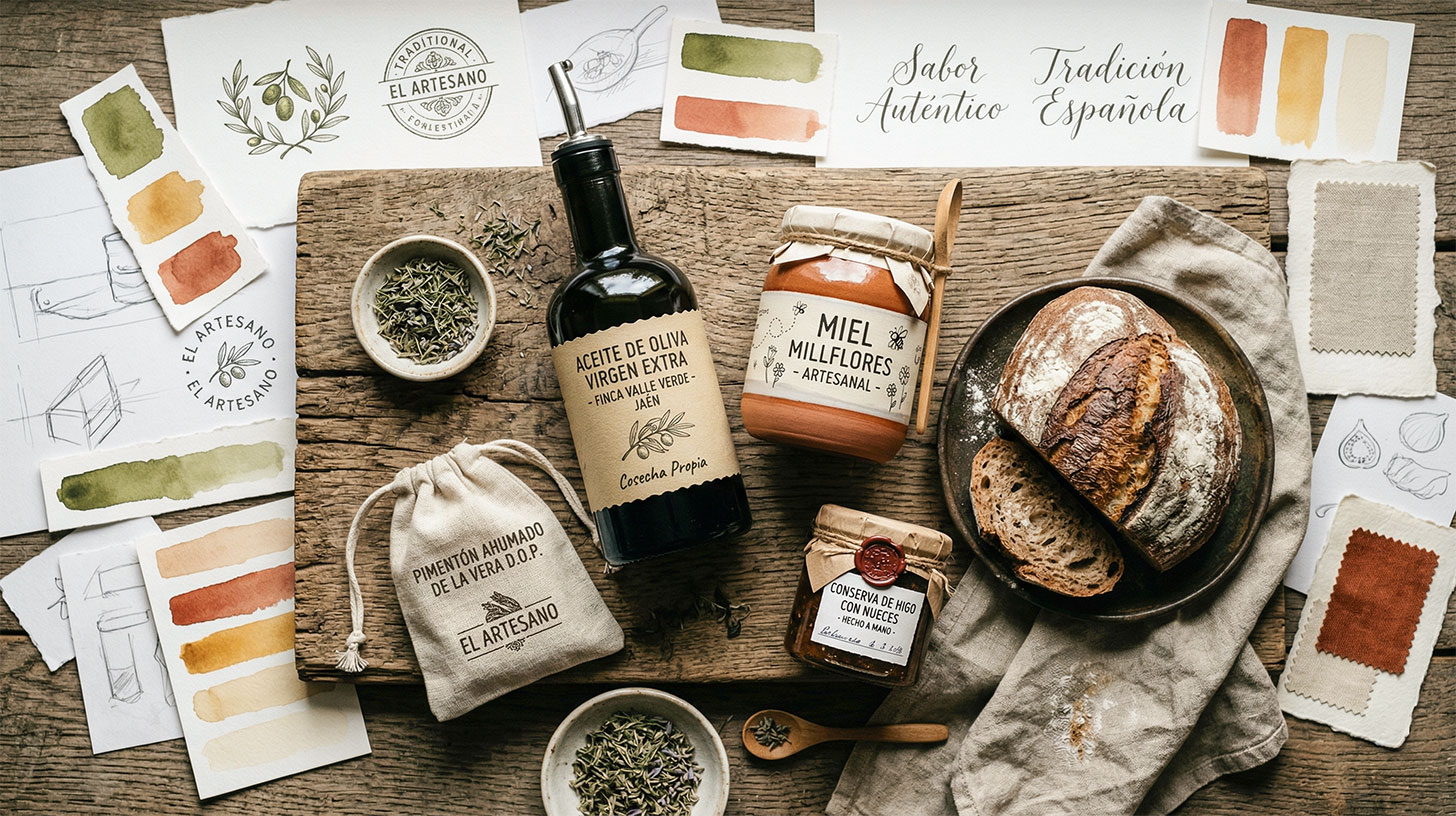 Bodegón cenital de productos alimentarios artesanos españoles con muestras de packaging y notas de diagnóstico de marca