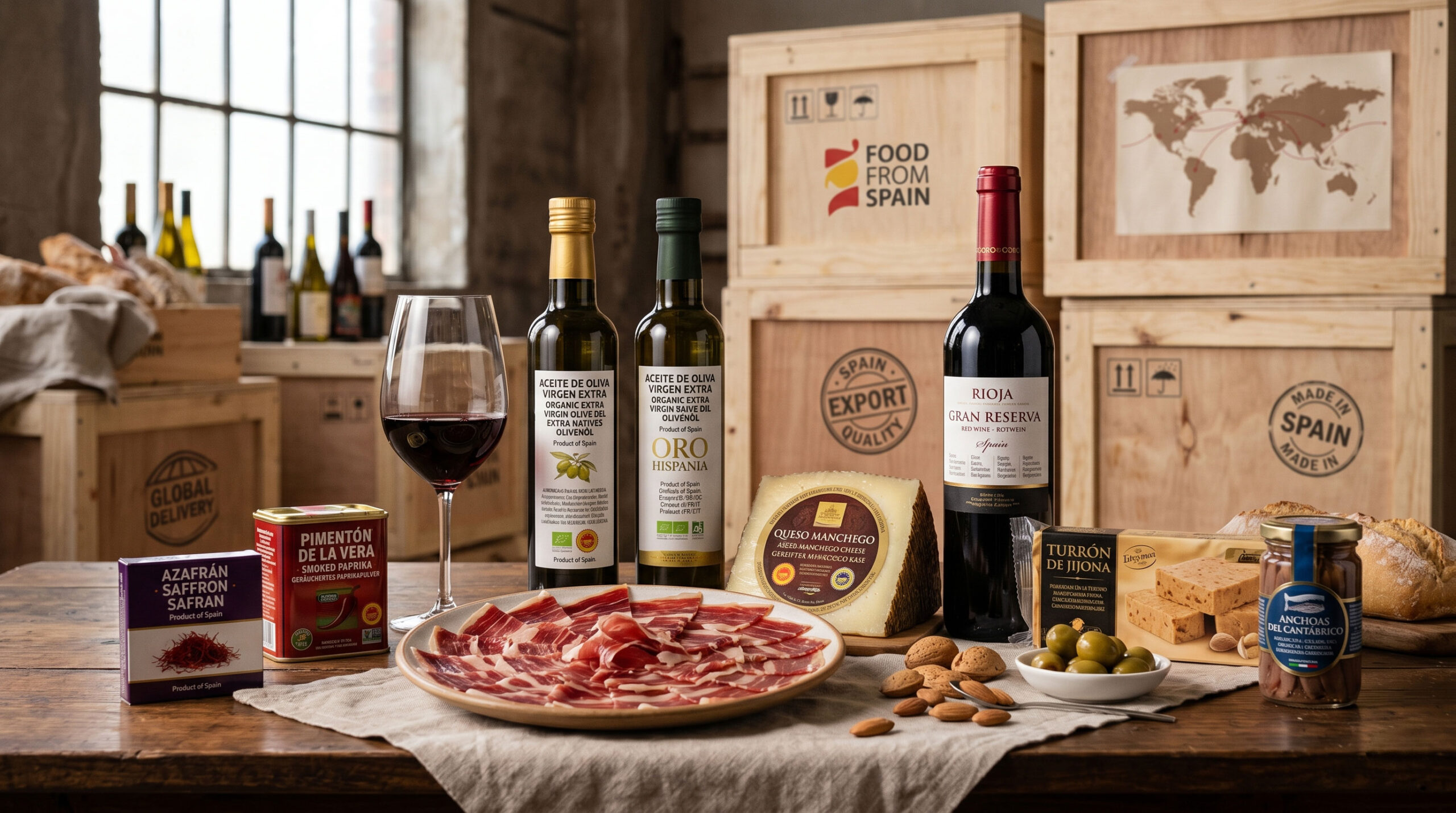 Composición editorial de productos alimentarios españoles con etiquetas multilingües y elementos de exportación internacional