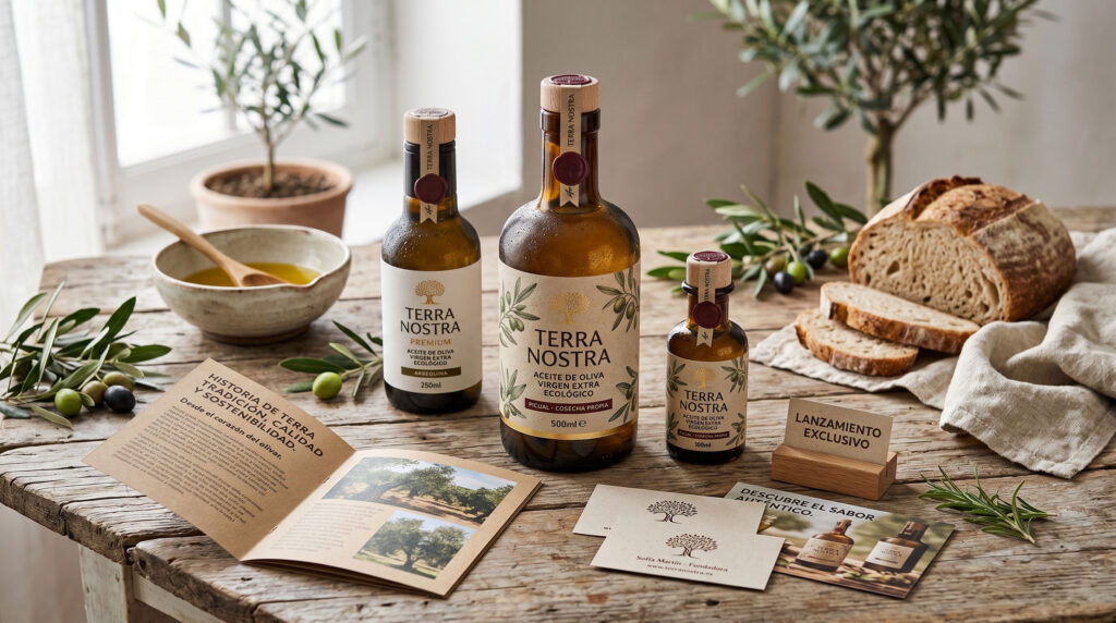 Bodegón editorial de producto alimentario artesano con prototipos de packaging y materiales de lanzamiento