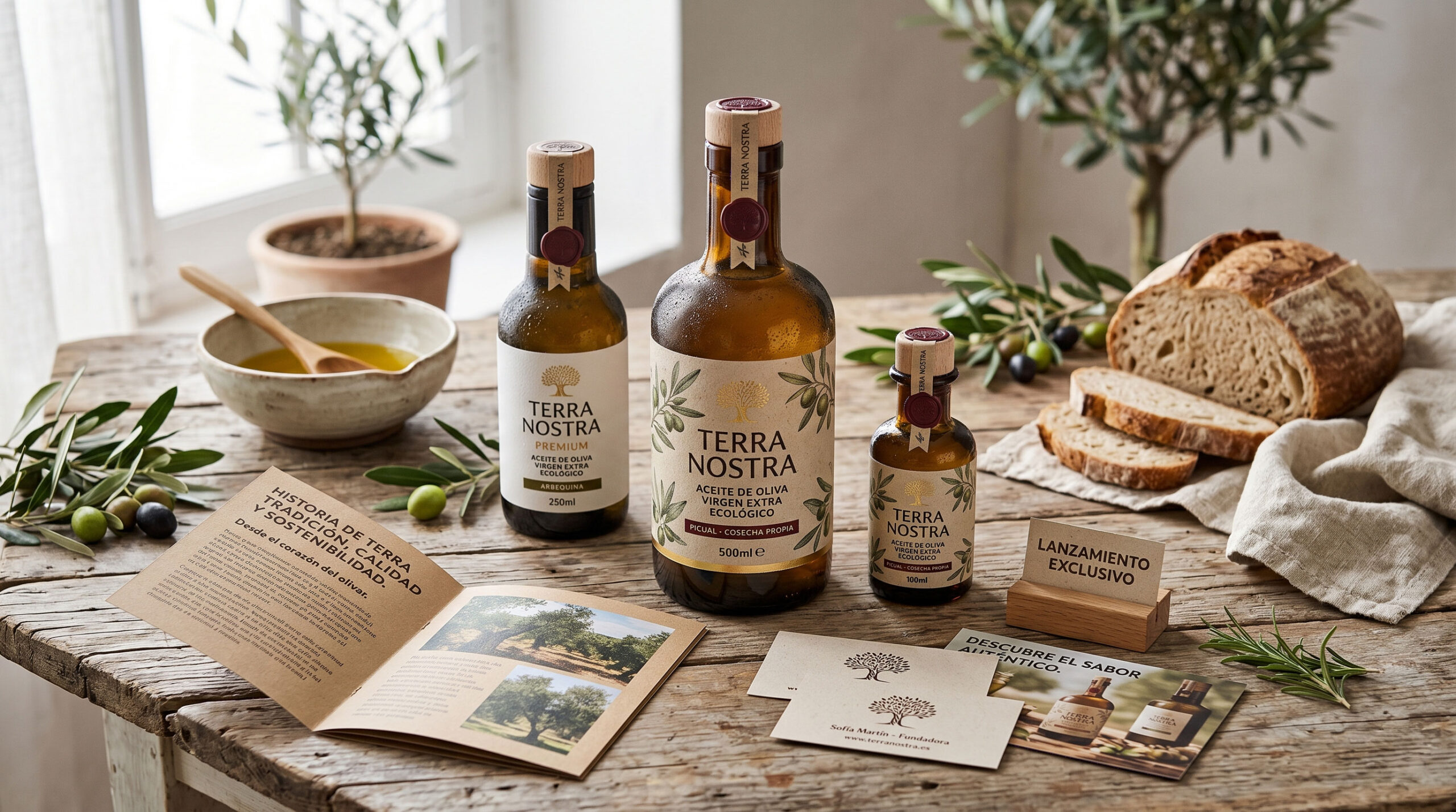 Bodegón editorial de producto alimentario artesano con prototipos de packaging y materiales de lanzamiento