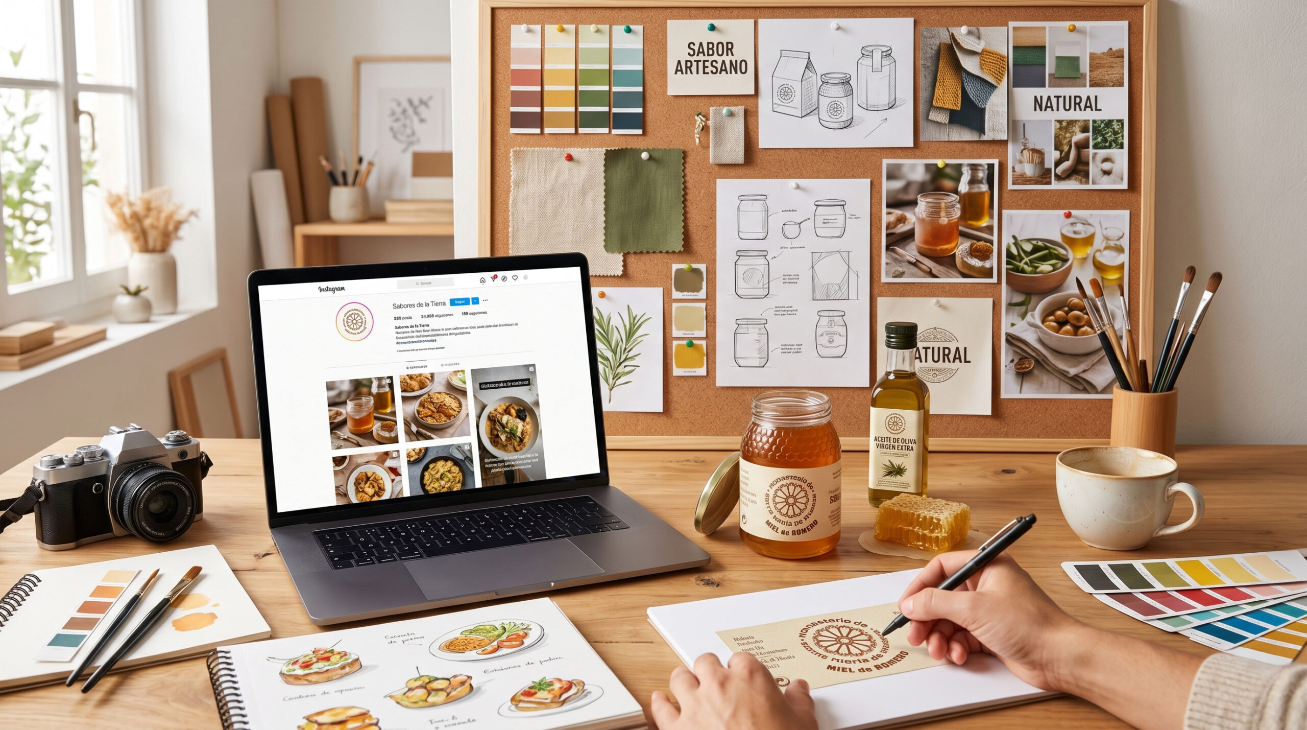 Mesa de trabajo creativo con producto alimentario artesano, moodboard y pantalla mostrando contenido de redes sociales