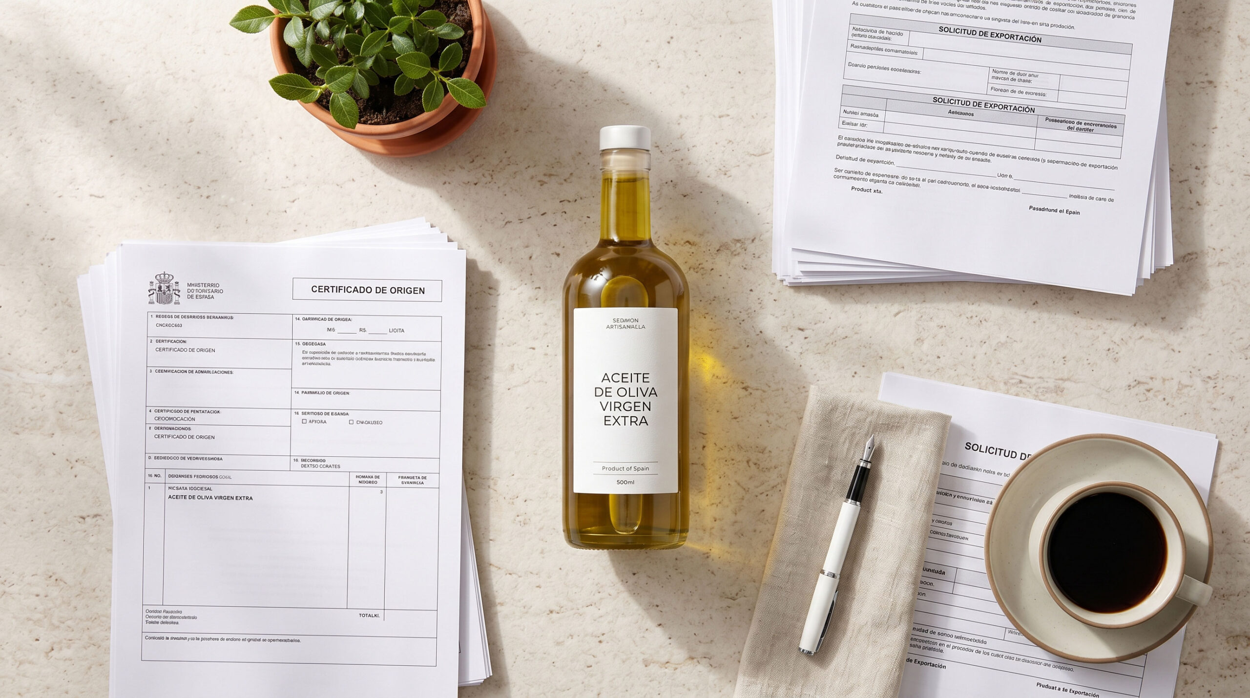 Composición cenital con producto alimentario artesano, documentación administrativa ordenada y planta viva sobre mesa de trabajo