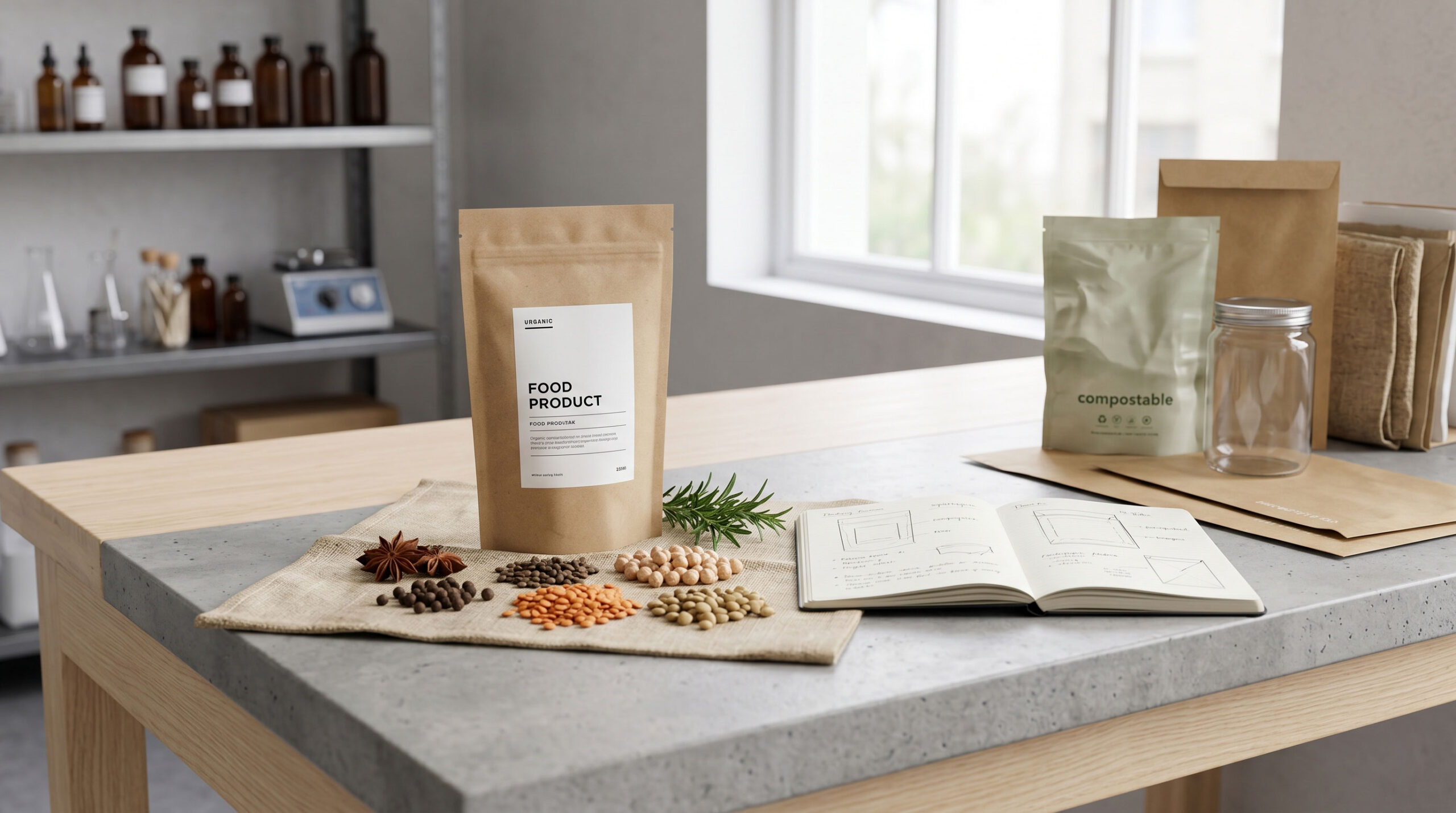 Prototipo de producto alimentario en desarrollo junto a materiales sostenibles e ingredientes crudos en un laboratorio creativo contemporáneo