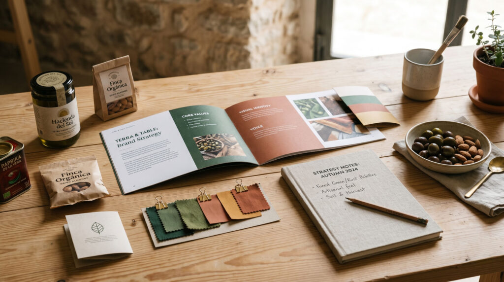 Mesa de trabajo con documento de estrategia de marca abierto, muestras de color en verde y terracota, productos agroalimentarios artesanos y cuaderno de notas, ilustrando la fase de análisis del método Visualfood
