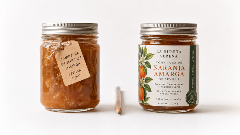 Dos tarros de confitura de naranja amarga idénticos: el de la izquierda sin etiquetar con etiqueta manuscrita, el de la derecha con packaging ilustrado botánico profesional, representando la transformación de marca del método Visualfood