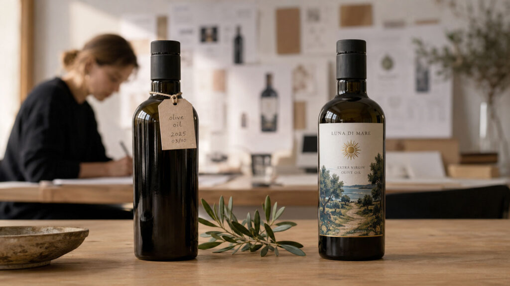 Diseñadora trabajando en estudio con mockups de packaging en pared, frente a dos botellas de aceite de oliva virgen extra: una sin etiquetar y otra con etiqueta ilustrada profesional, ilustrando la fase de sistema de marca del método Visualfood