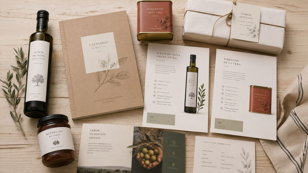 Flatlay de kit comercial agroalimentario con catálogo impreso, fichas de producto, tarro de mermelada, botella de AOVE, lata de pimentón y turrón artesano sobre superficie de madera clara