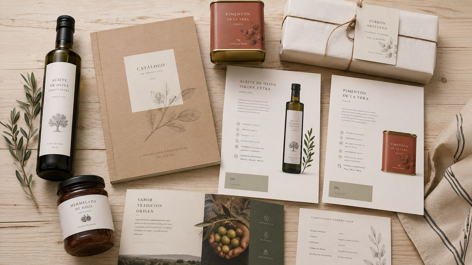 Flatlay de kit comercial agroalimentario con catálogo impreso, fichas de producto, tarro de mermelada, botella de AOVE, lata de pimentón y turrón artesano sobre superficie de madera clara