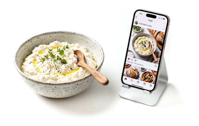 Fotografía de producto de requesón artesano junto a móvil con Instagram, ilustrando servicios de marketing digital para marcas agroalimentarias