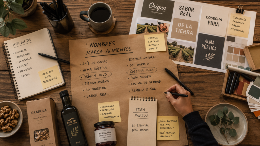 Proceso creativo de naming para marca alimentaria con bocetos de nombres y productos sobre mesa