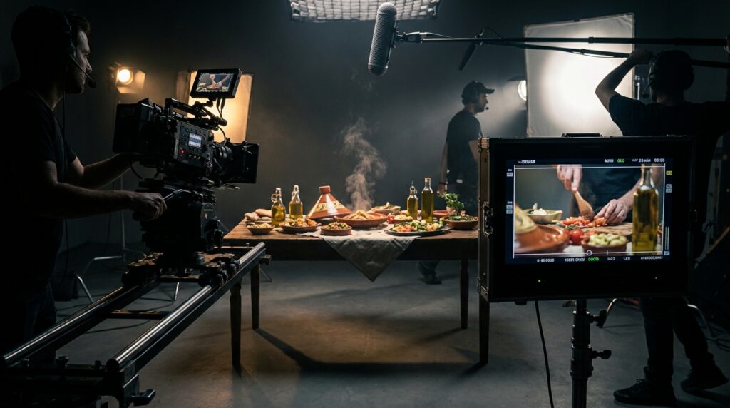 Rodaje de vídeo profesional de producto alimentario con equipo de producción audiovisual