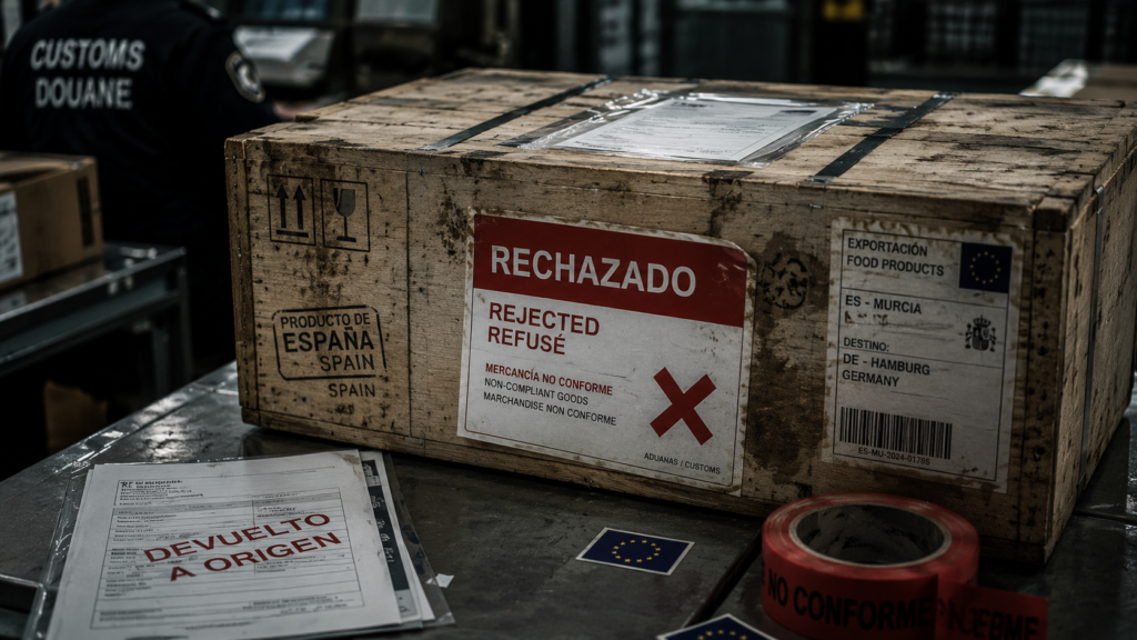 Caja de producto alimentario devuelta en aduana por errores de etiquetado