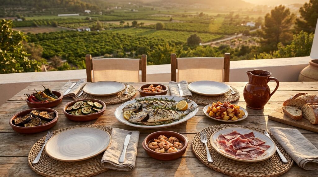 Mesa con platos de gastronomía murciana en terraza con vistas a la huerta de Murcia