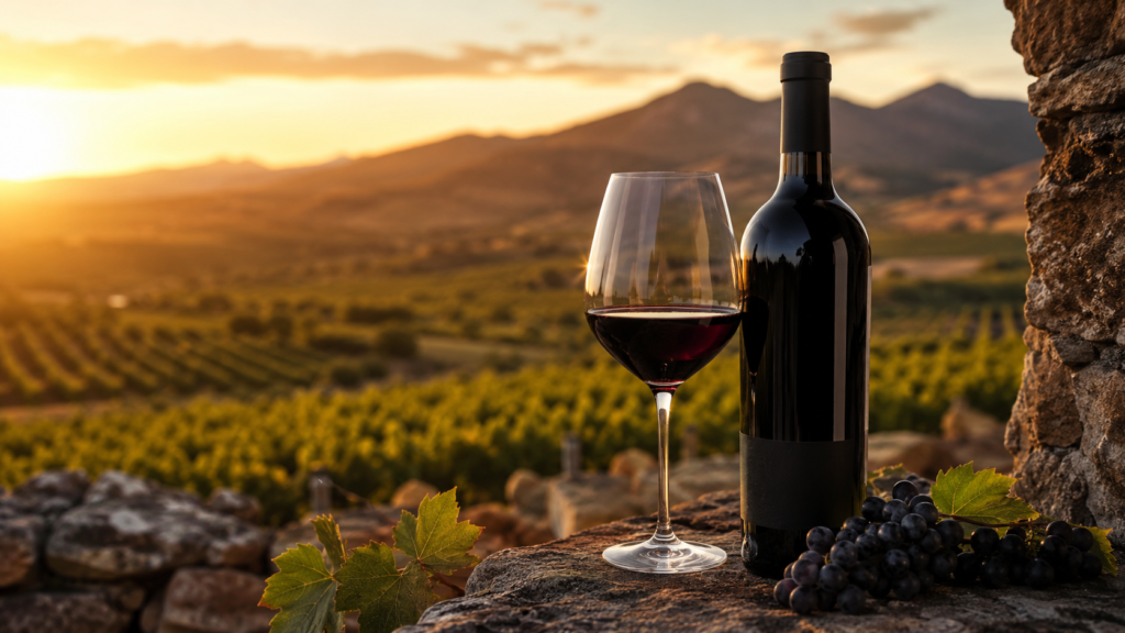 Botella de vino tinto Monastrell de la Región de Murcia con viñedos al fondo