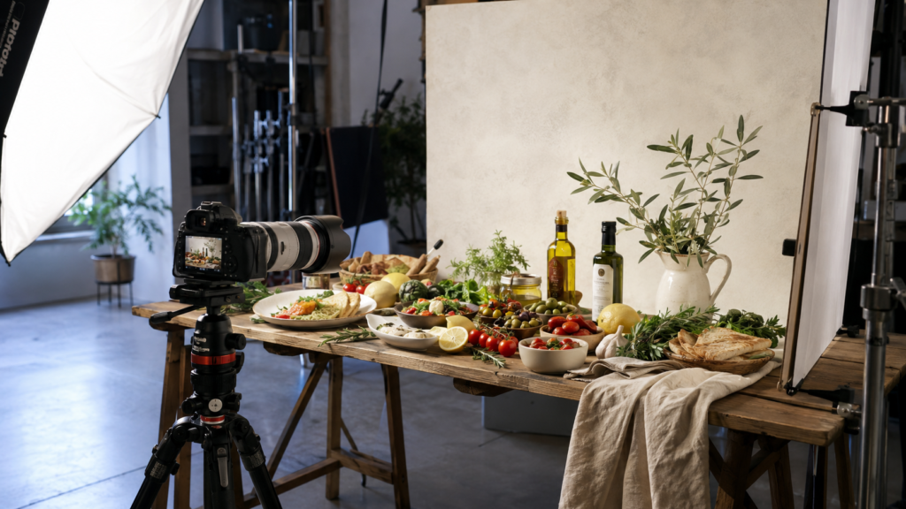 Sesión de fotografía gastronómica profesional con productos alimentarios mediterráneos