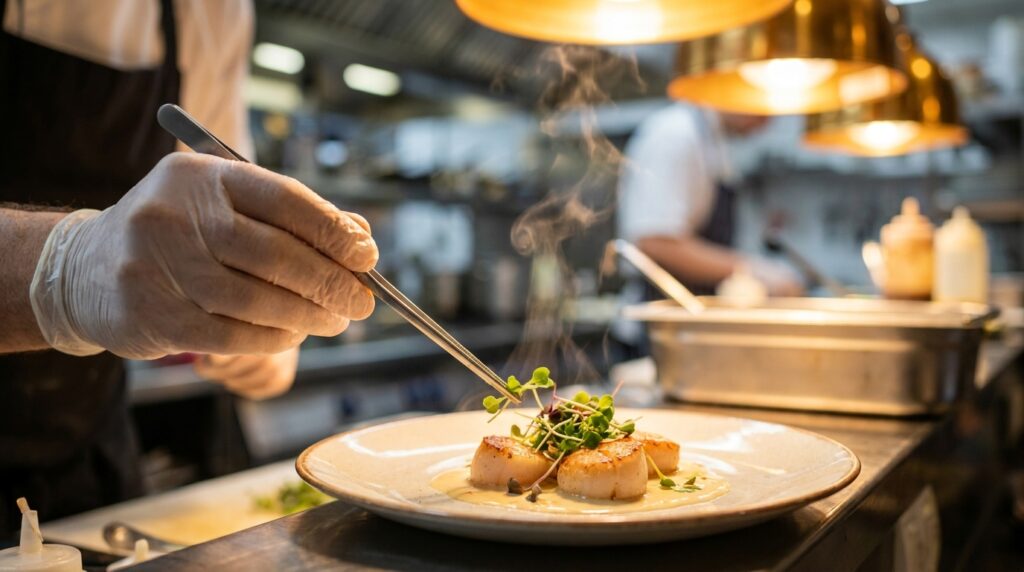 Chef de restaurante murciano emplatando con cocina profesional de fondo
